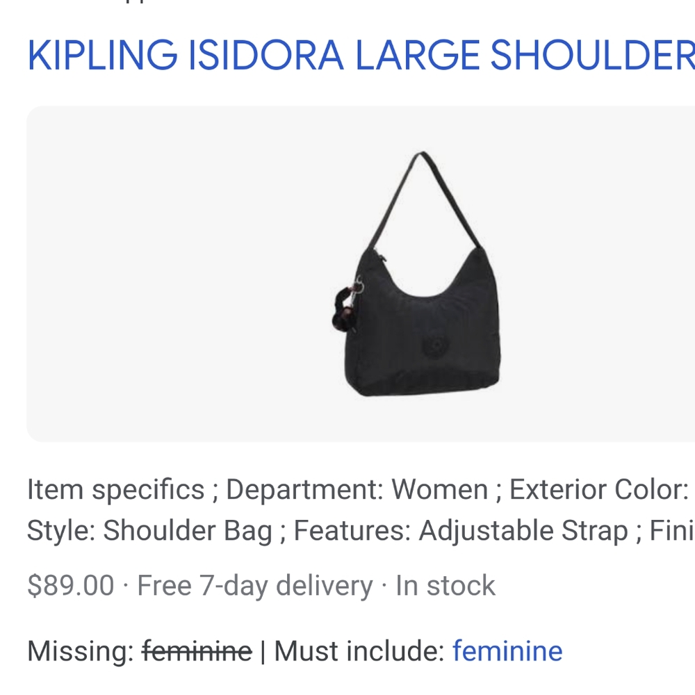 Kipling black large over shoulder bag